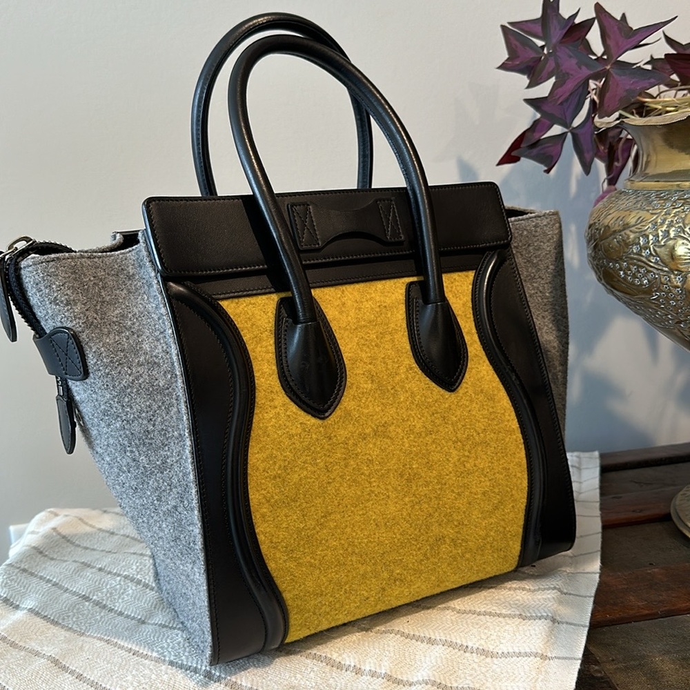 Céline Yellow, Grey, Black Leather & Wool Felt Micro Shopper Tote Fall 16’ - Picture 9 of 17